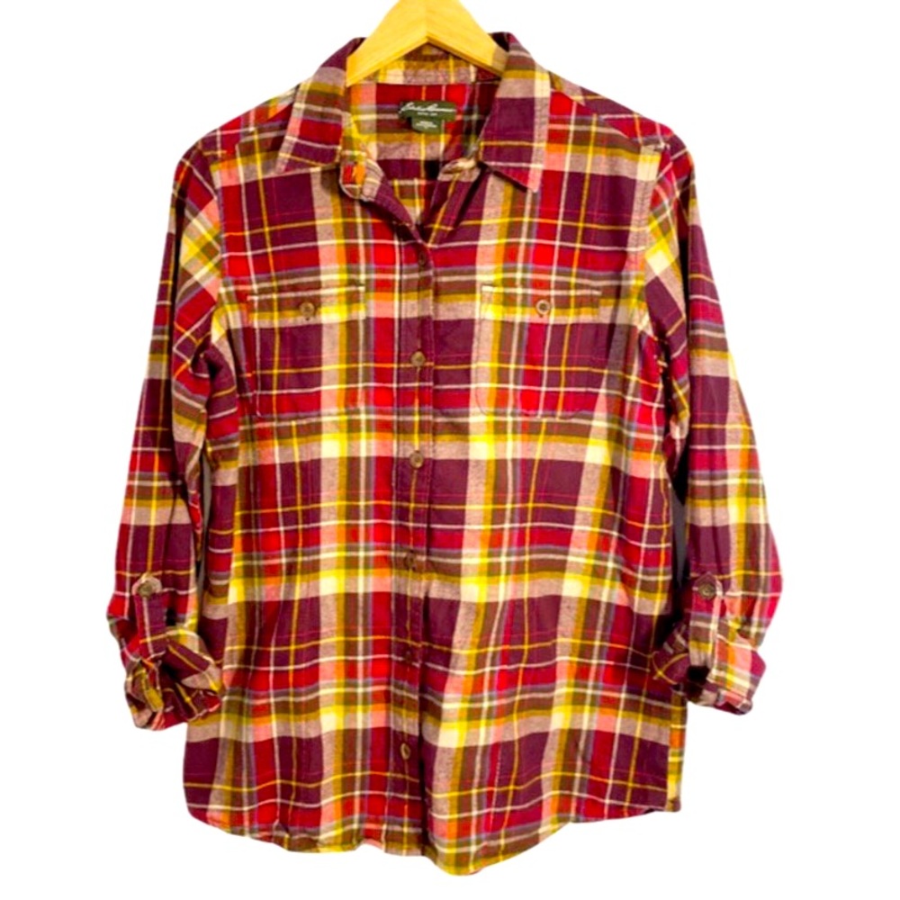 Eddie Bauer Women’s Multicolor Plaid Roll Tab Sleeve Button Down Shirt, Size M